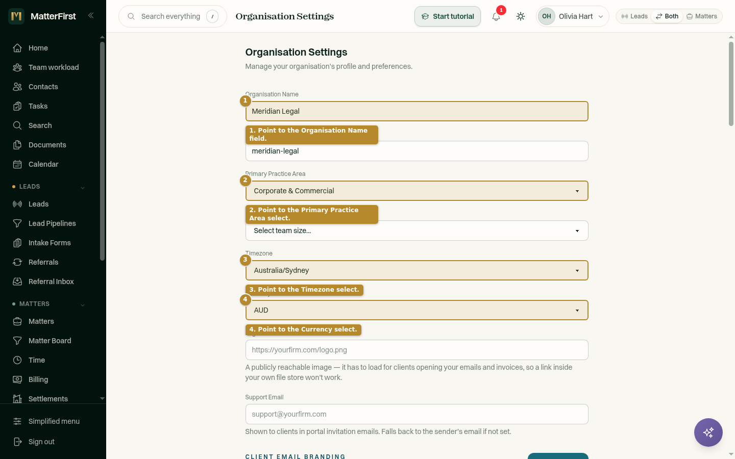 Organisation Settings form showing name, practice area, team size, timezone, and currency fields