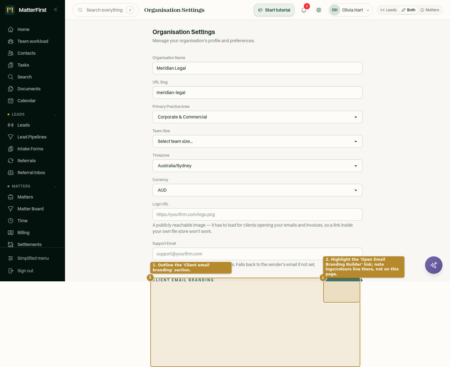 The Client email branding section with an 'Open Email Branding Builder' button