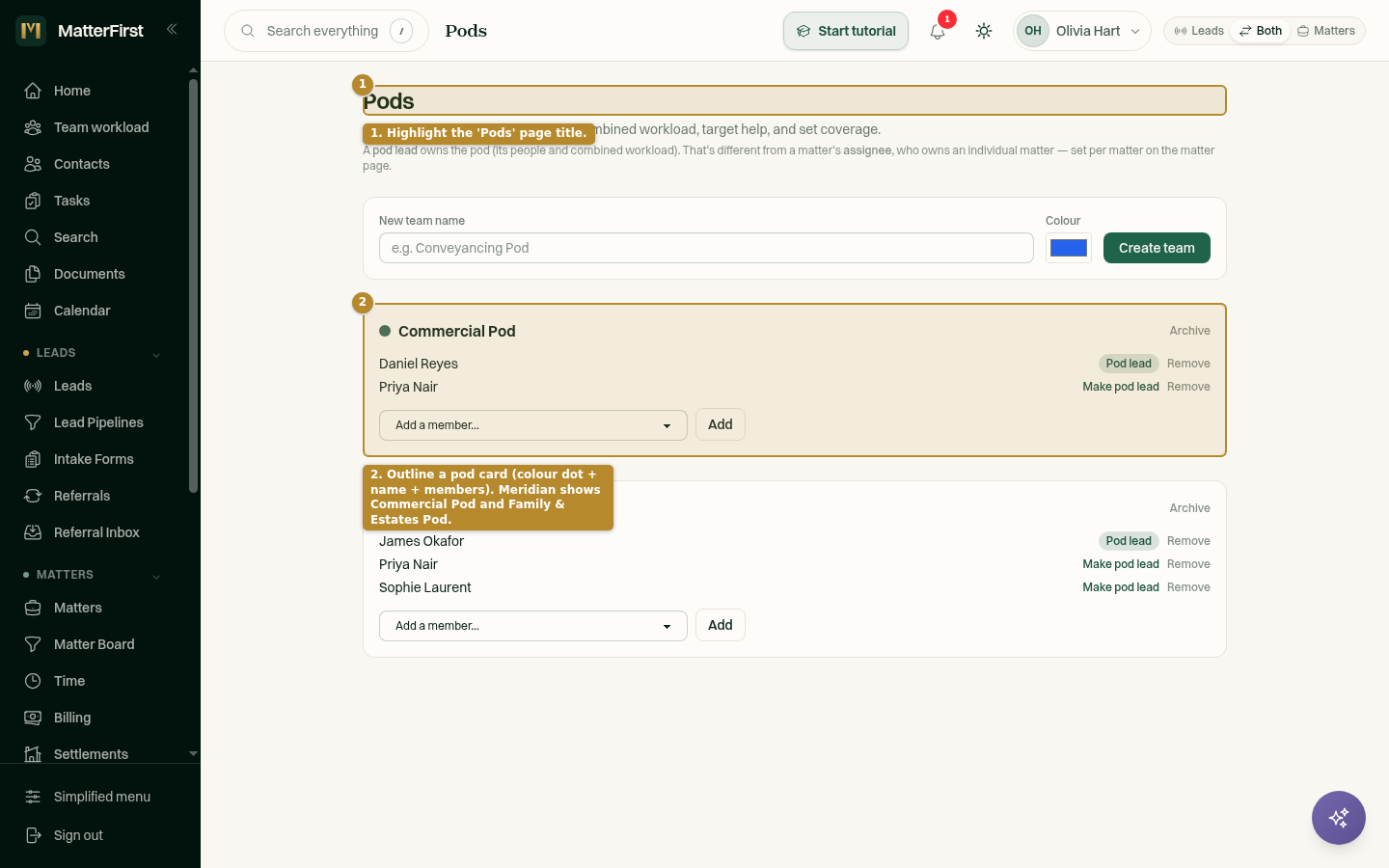 The Pods page listing pods, each with a colour dot and member list