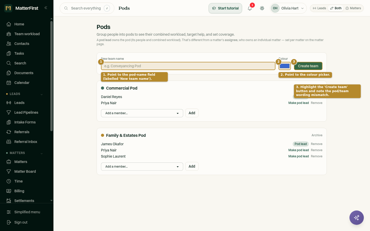 The create-pod form with a name field, a colour picker, and a Create team button