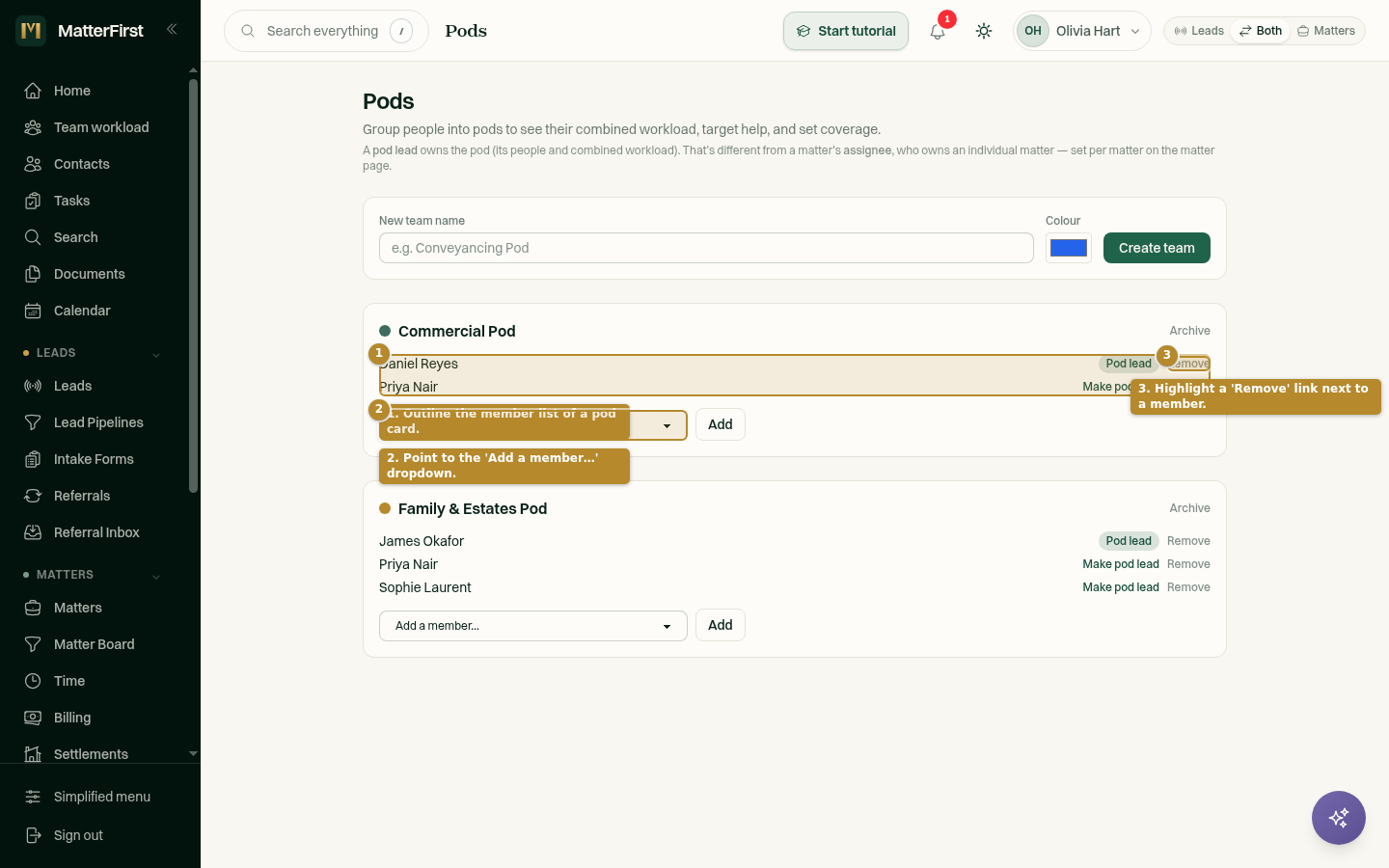 A pod card with a member list, a Remove link per member, and an Add a member dropdown