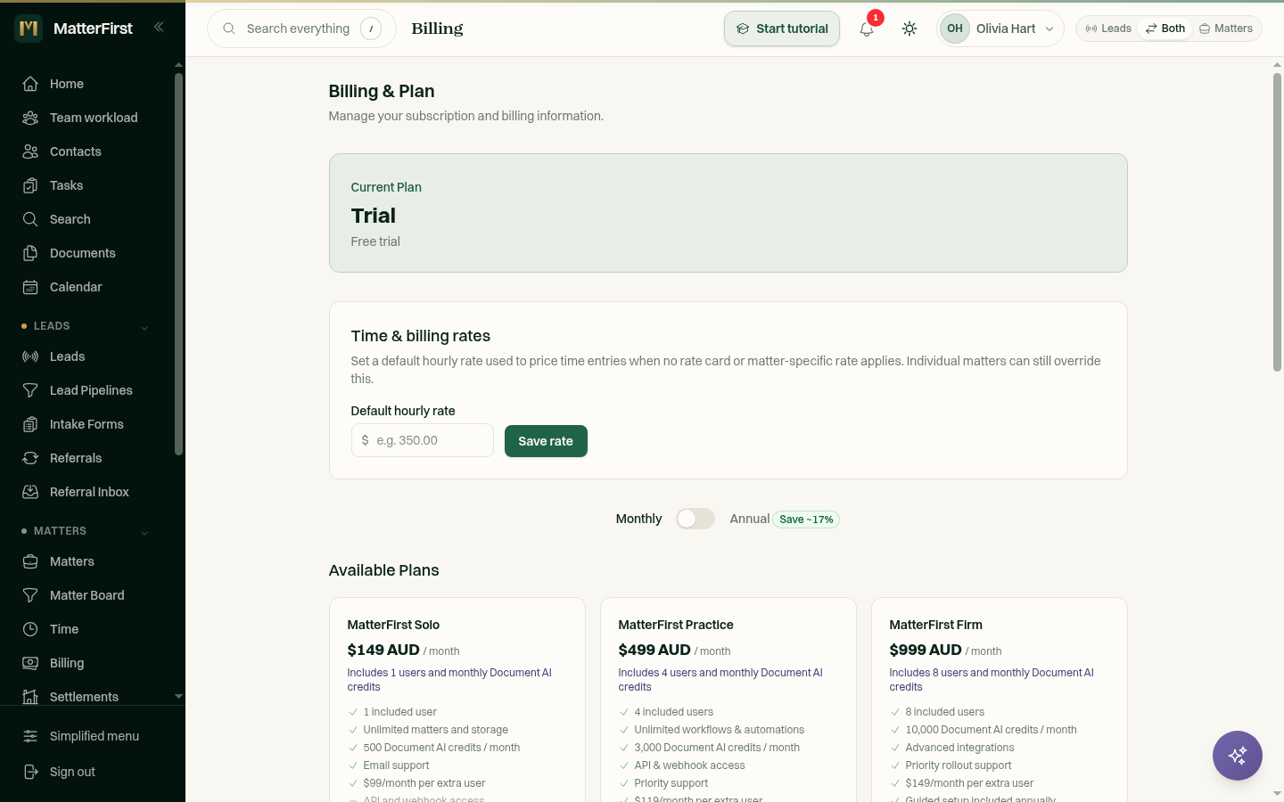 The Available Plans section with plan cards showing seats, credits, and Switch Plan buttons
