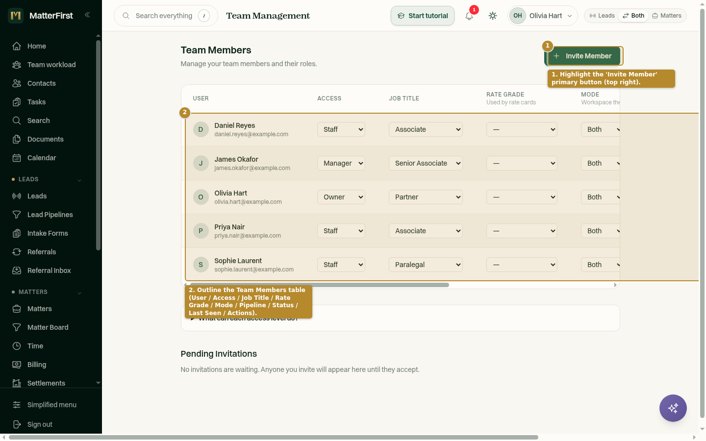 People & Access page showing the Team Members table with the Invite Member button