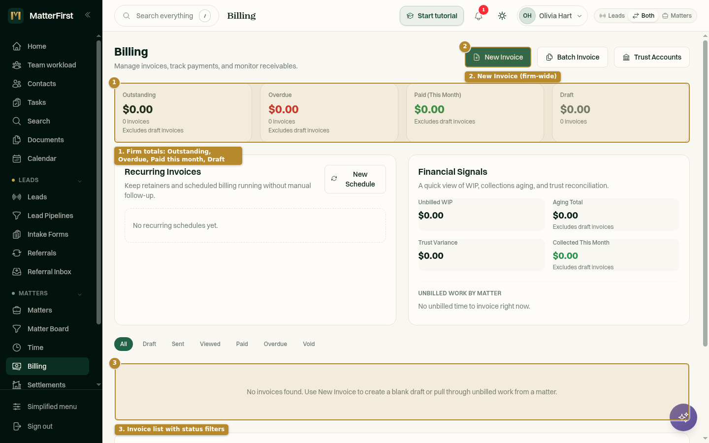 An invoice in MatterFirst with time entries, disbursements and GST calculated on the taxable subtotal
