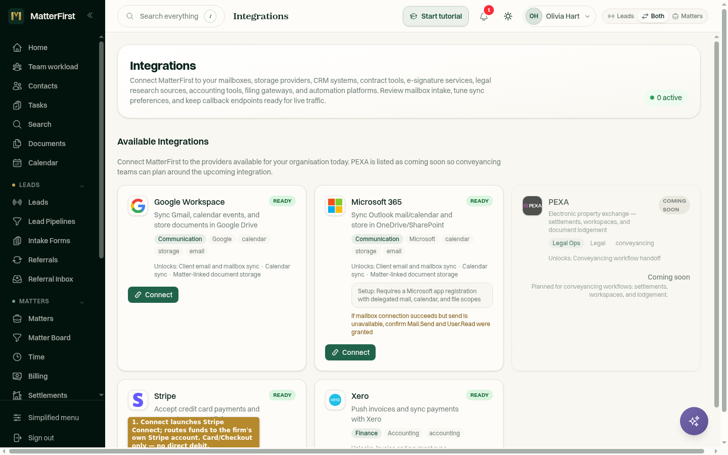 The Connect button on the Stripe card on the Integrations page