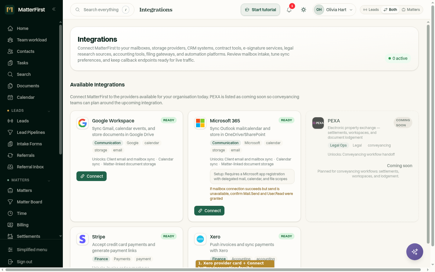 The Xero sync screen, showing invoices and payments reconciling between MatterFirst and Xero