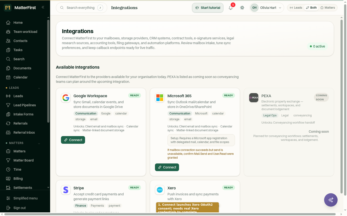 The Connect button on the Xero card on the Integrations page