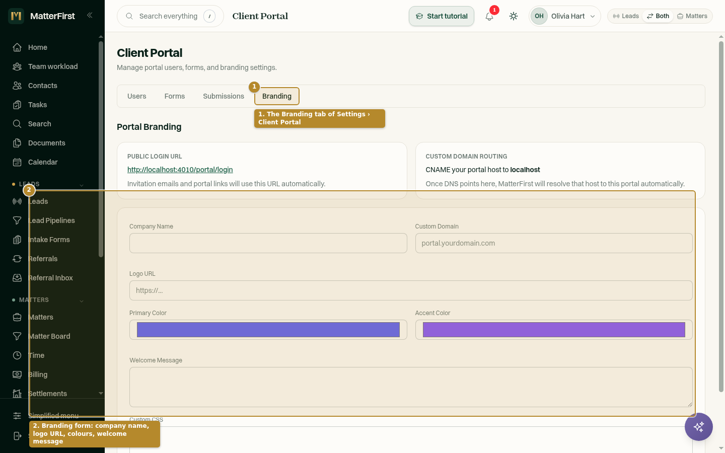 The Client Portal settings page with the Branding tab selected.