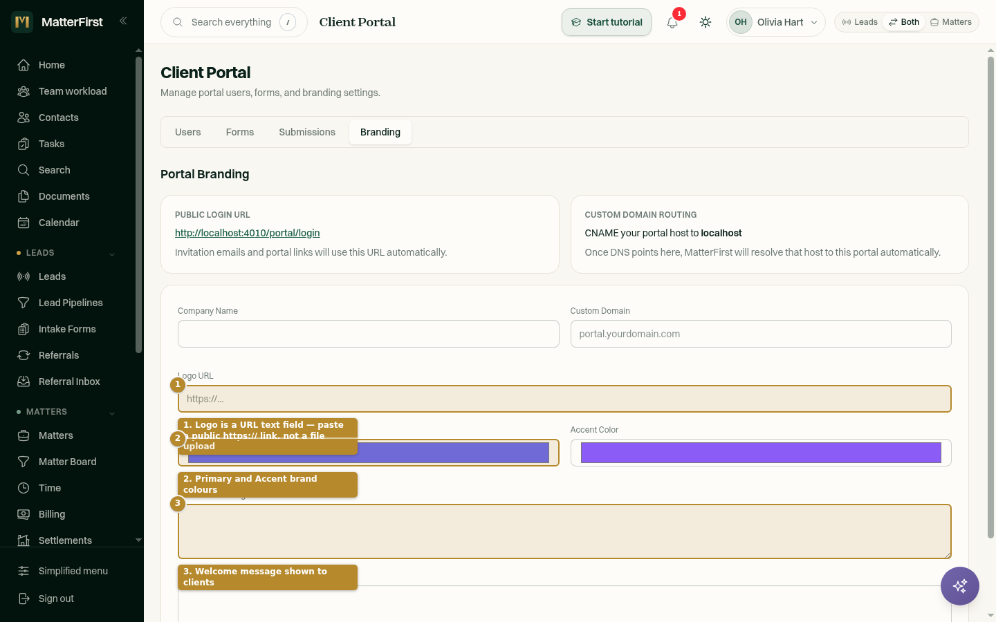 The portal branding form showing the Logo URL text field, colour pickers and welcome message.