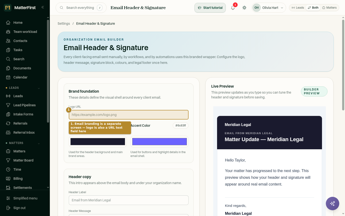 The Email Branding settings page with its own Logo URL text field.