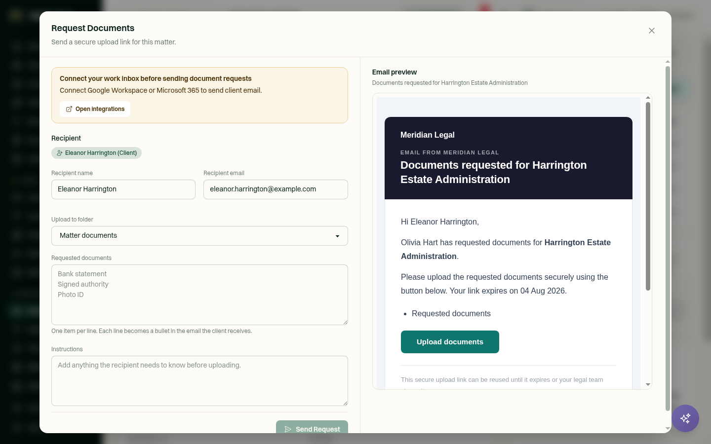 The Request Documents modal open over a matter page.