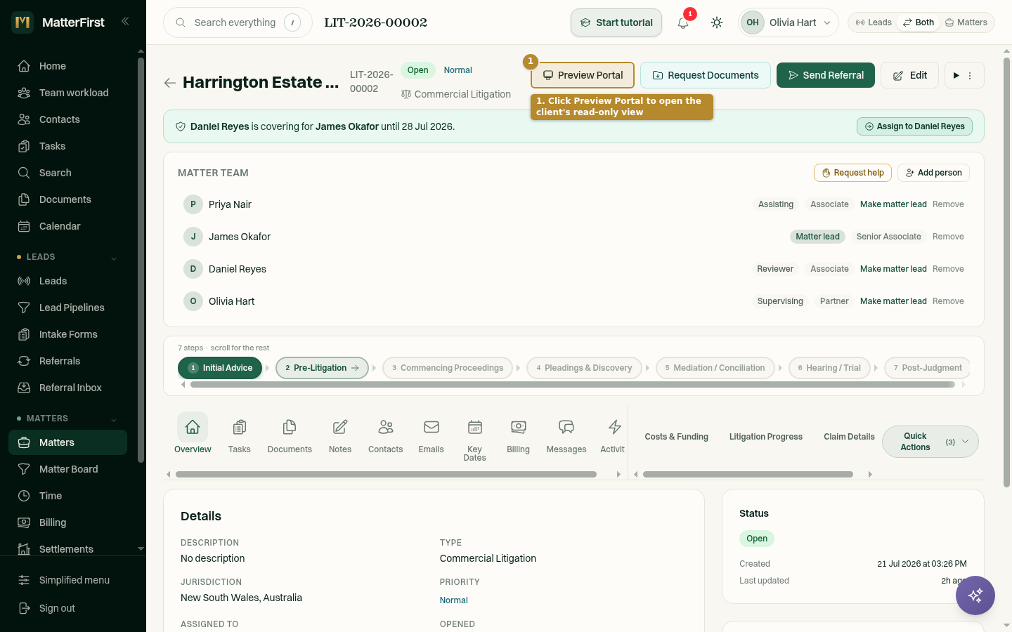The client portal, showing a matter progress timeline, documents and messages