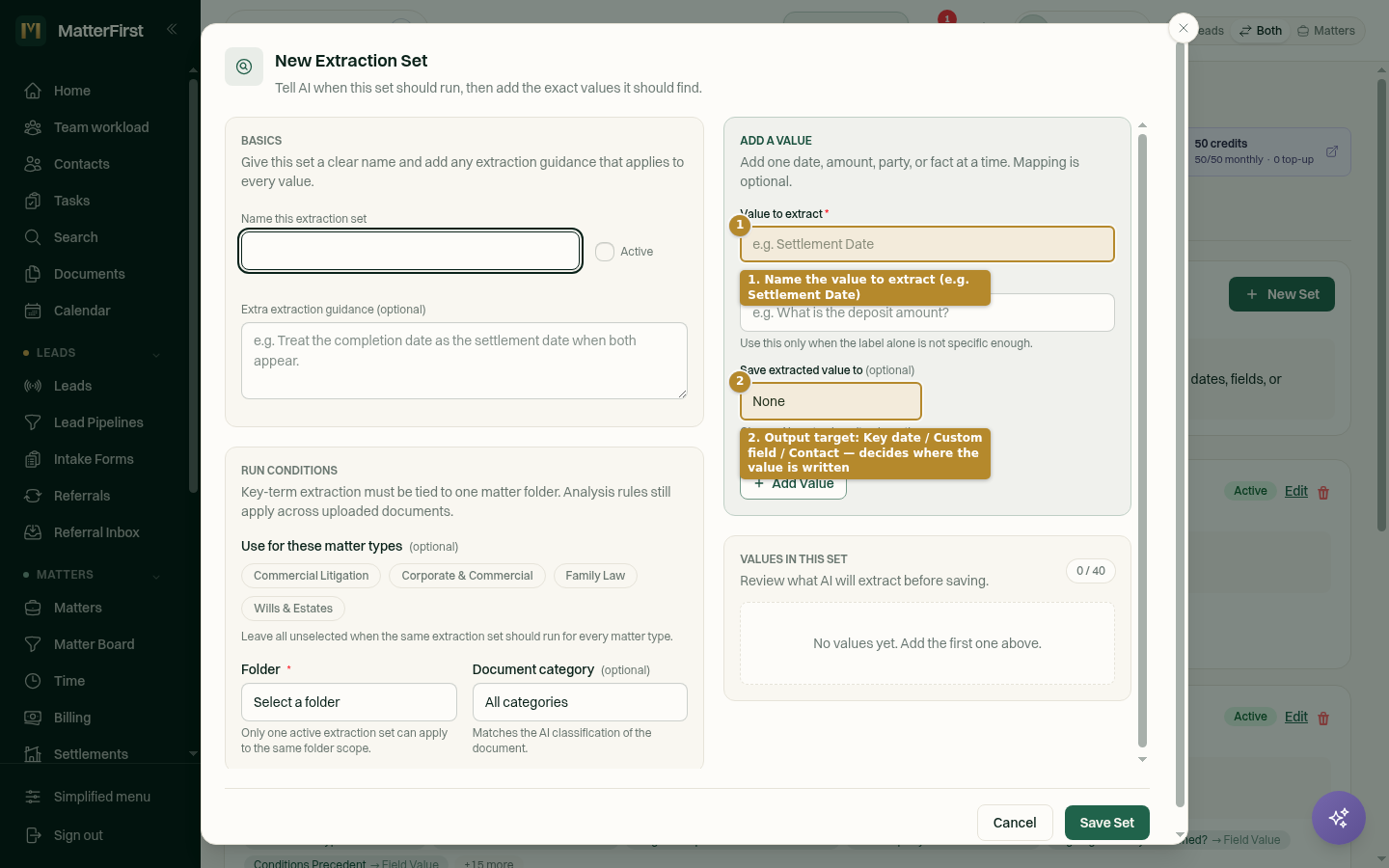 Add-value panel of a Key Term Extraction set with the output target options Key date, Custom field and Contact