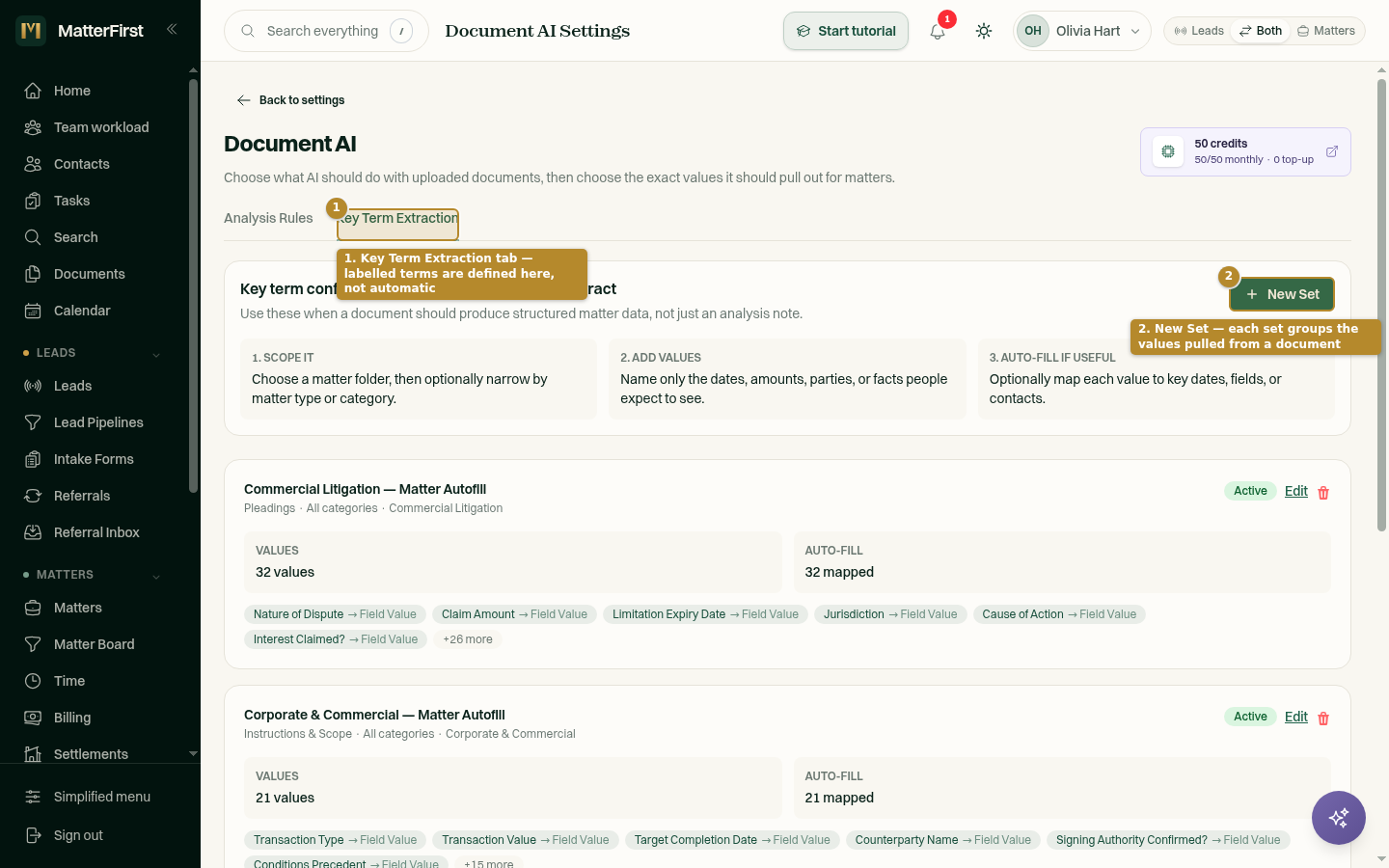 Extracted key terms from a contract, each mapped to a field on the matter