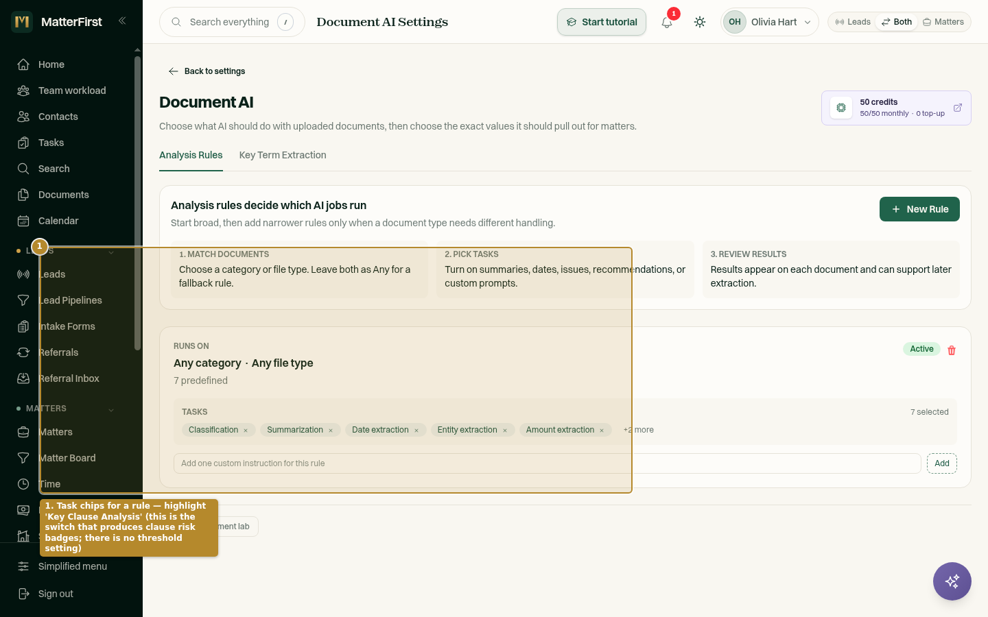 Analysis Rules tab in Document AI settings with the Key Clause Analysis task selectable among the analysis tasks