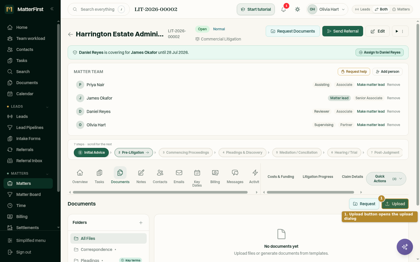 Matter Documents tab showing the folder sidebar, Upload and Request buttons, and the Document AI credit notice