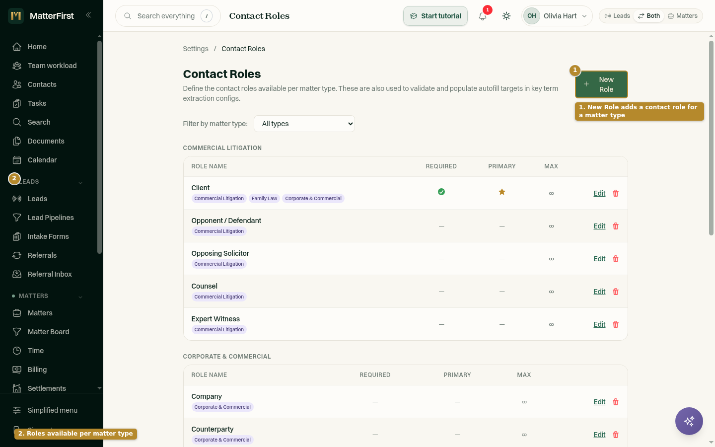 The Contact Roles settings page, listing the contact roles available for matter types, with a New Role button.