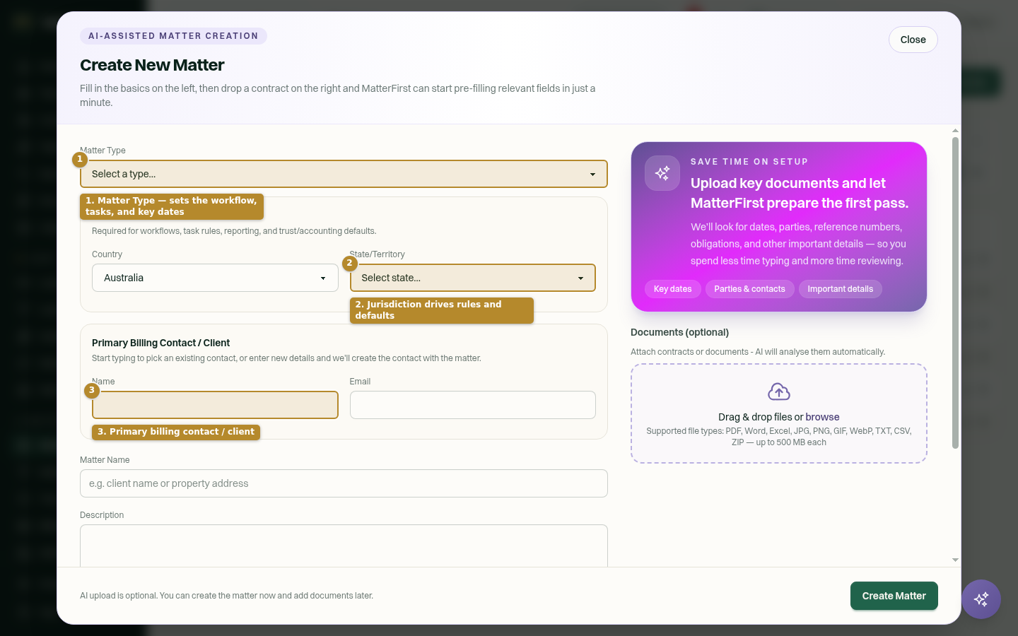 The Create New Matter modal, showing the Matter Type dropdown, the Jurisdiction country/state fields, and the Primary Billing Contact section, with a document drop zone on the right.