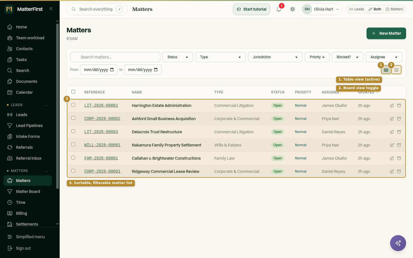 The Matters page in Table view, showing the sortable matters table and the Table/Board view toggle highlighted at the right of the filter toolbar.