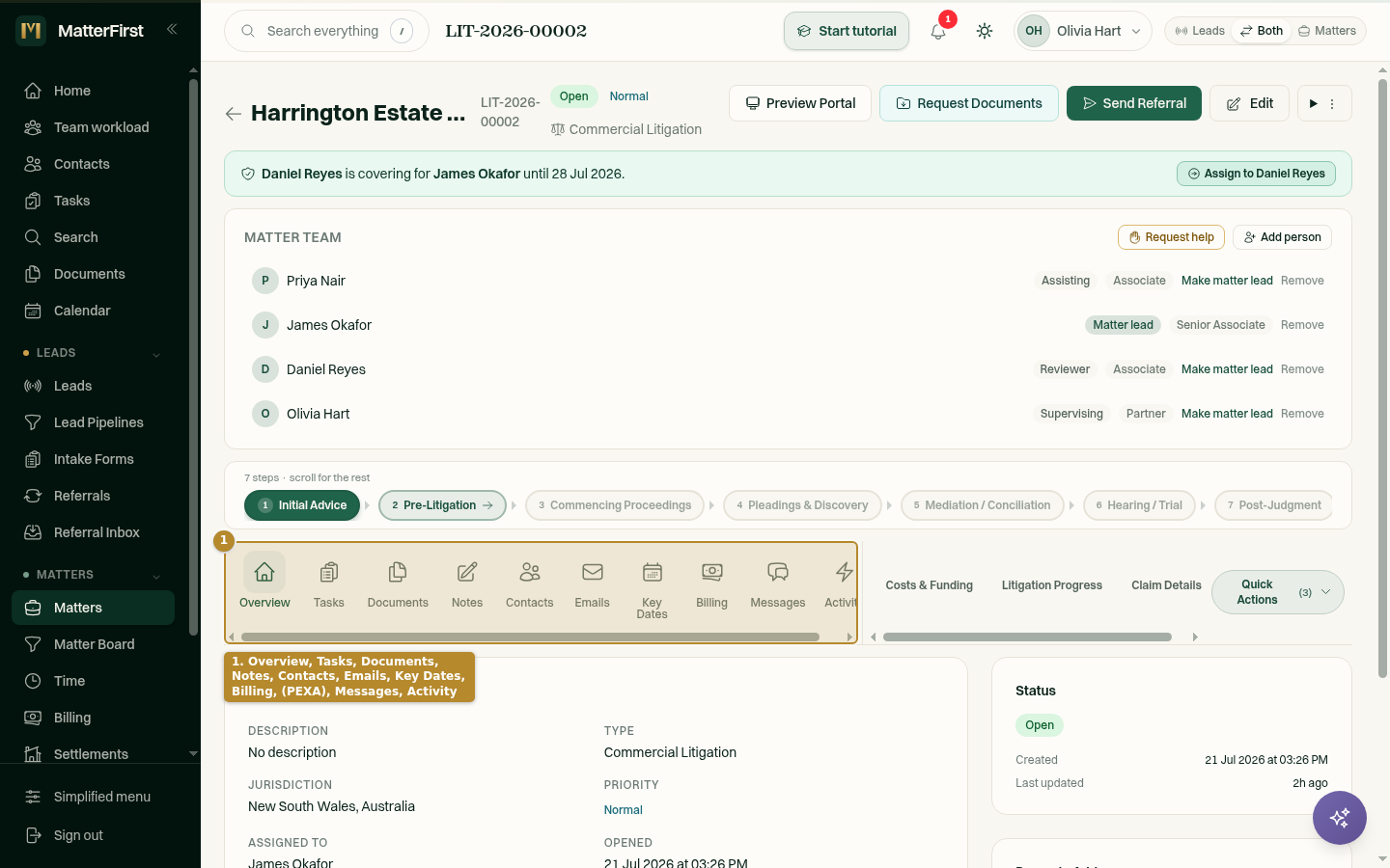 The tab bar inside a matter, showing icon tabs for Overview, Tasks, Documents, Notes, Contacts, Emails, Key Dates, Billing, Messages, and Activity.