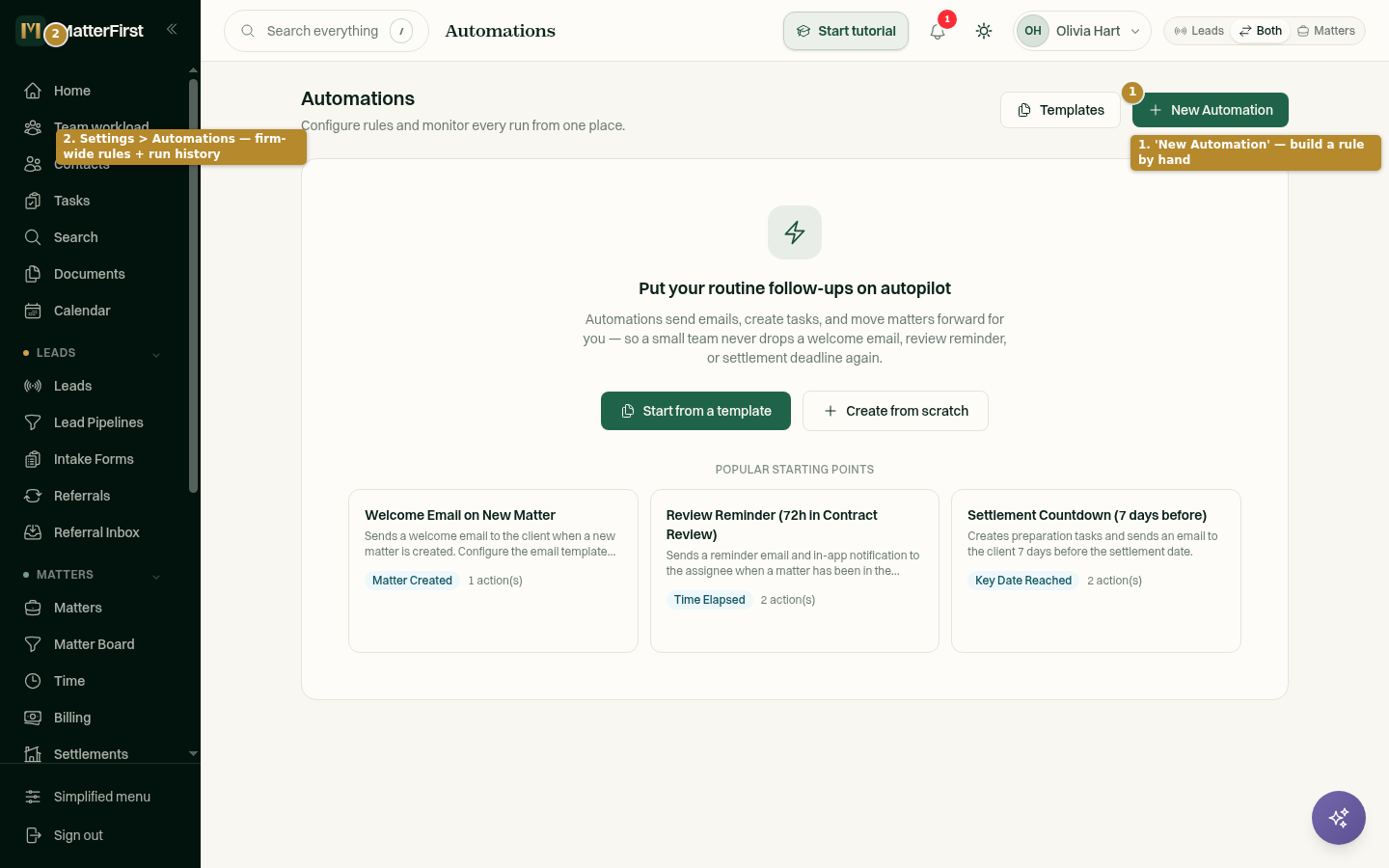The automation rules list, showing triggers, conditions and actions for a firm