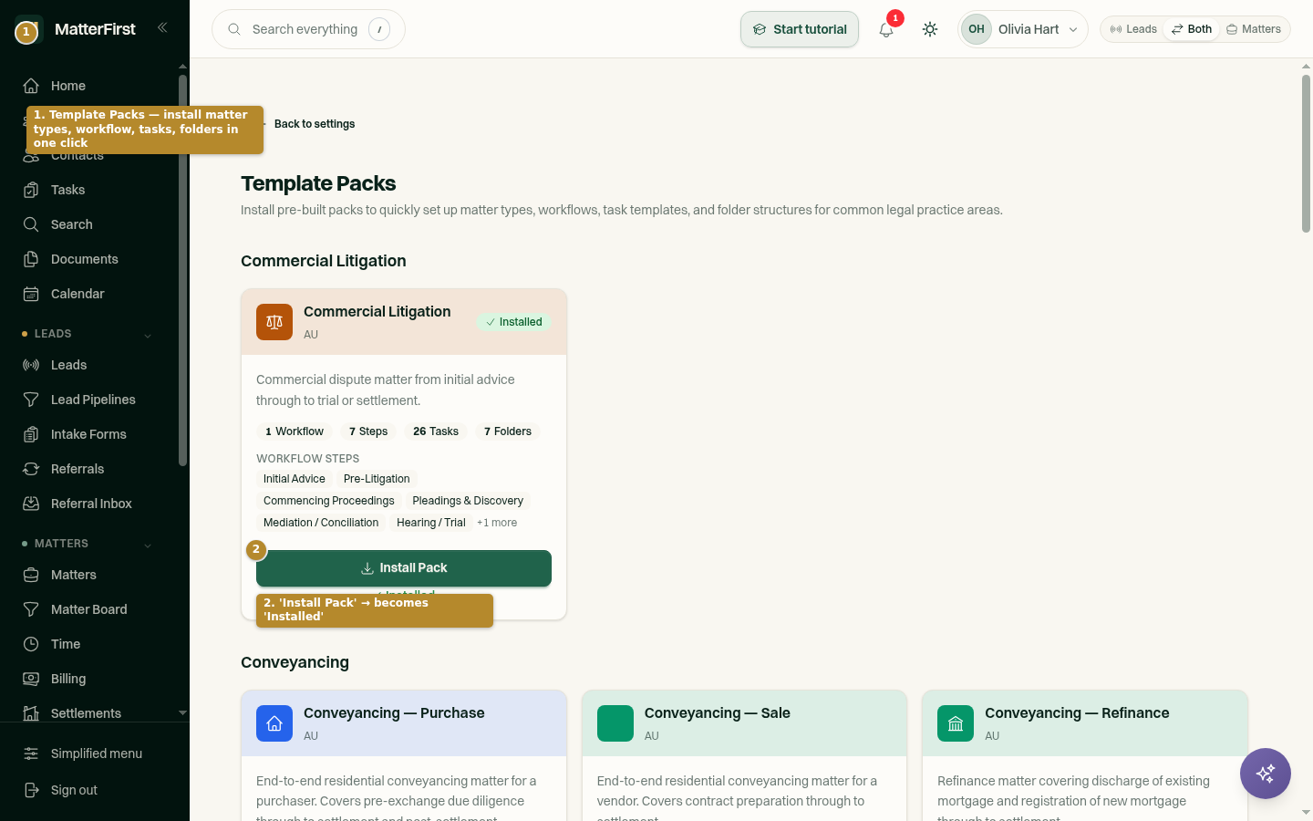 The Template Packs page with practice-area pack cards showing entity counts and an Install Pack button.