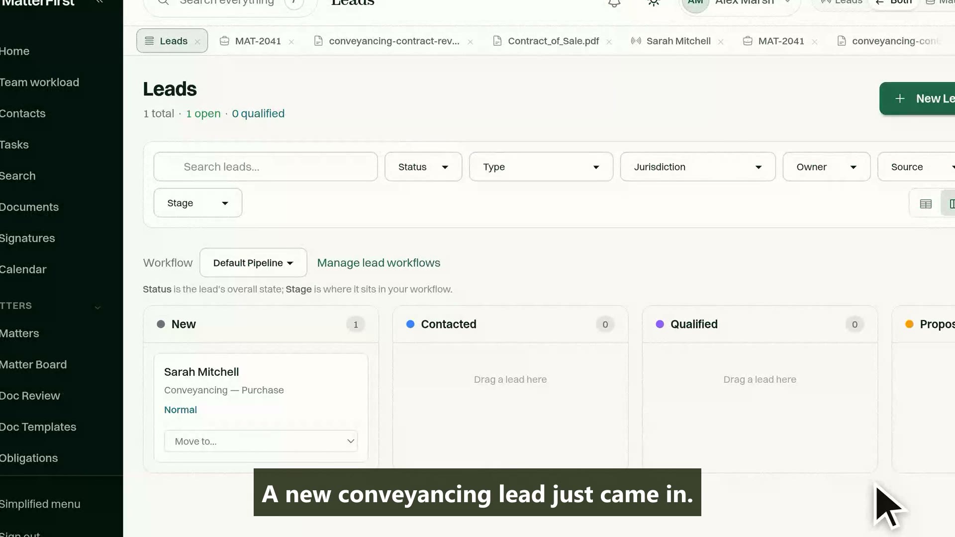 The MatterFirst leads board the moment a new conveyancing enquiry arrives