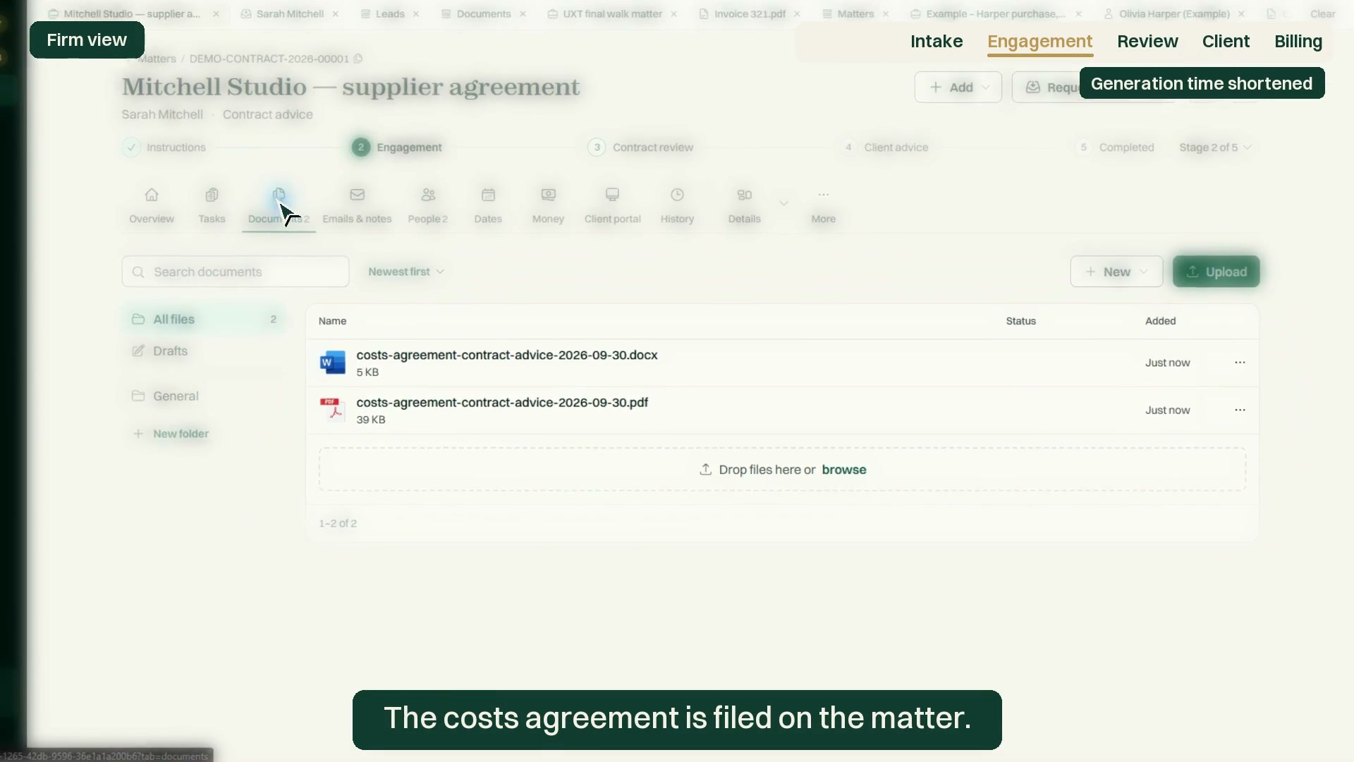 Sarah Mitchell's sample supplier-agreement matter in the redesigned MatterFirst workflow