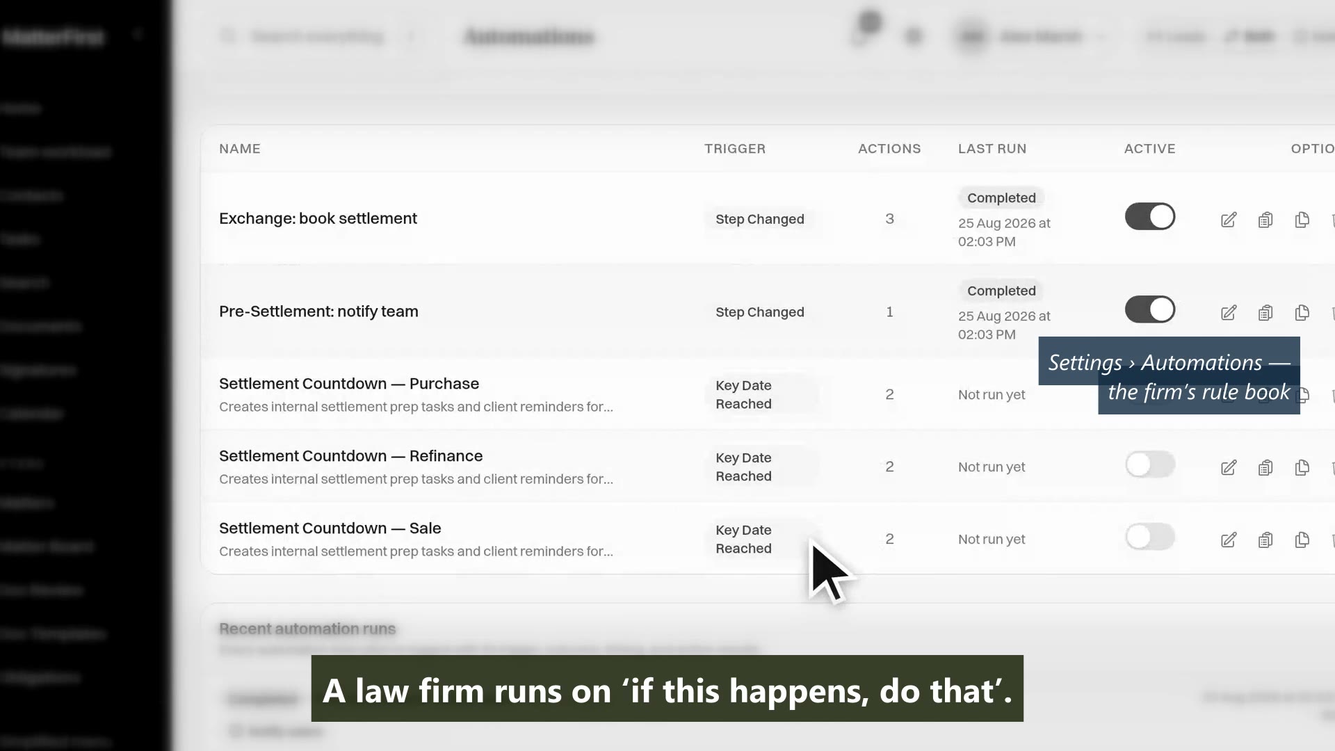The automations list in MatterFirst settings, showing the firm's rules with their triggers and run history