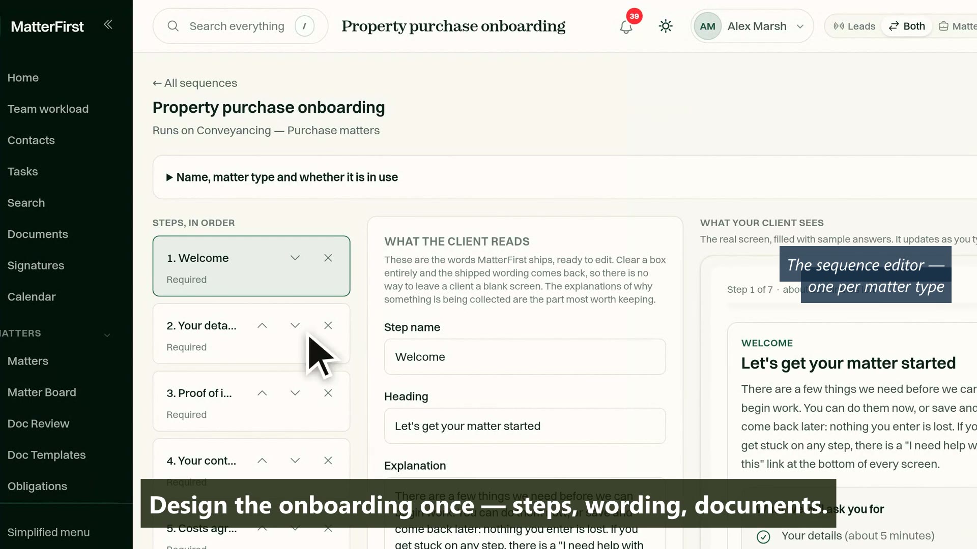 The onboarding sequence editor: the steps in order, the wording the firm can edit, and a live preview of the client's screen