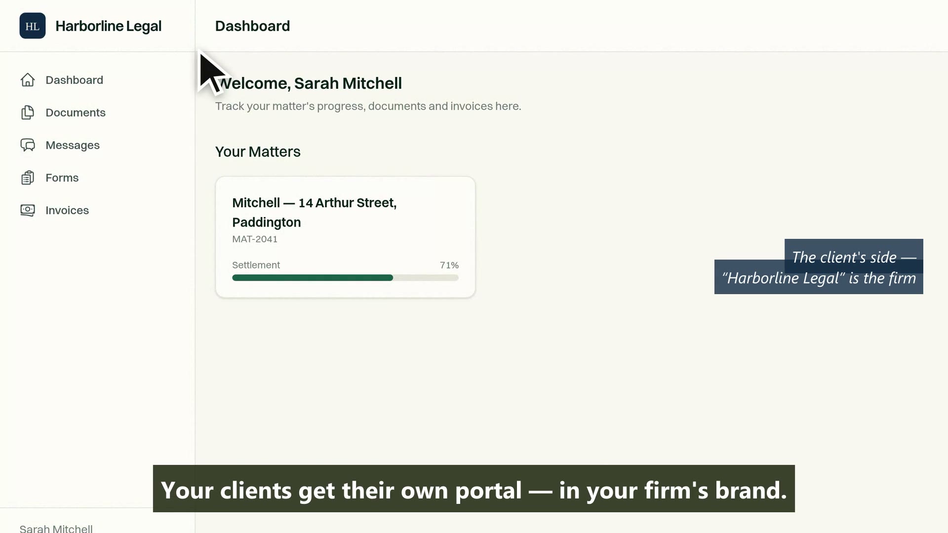 The Harborline Legal branded client portal dashboard, welcoming Sarah Mitchell with her conveyancing matter at 71% through Settlement