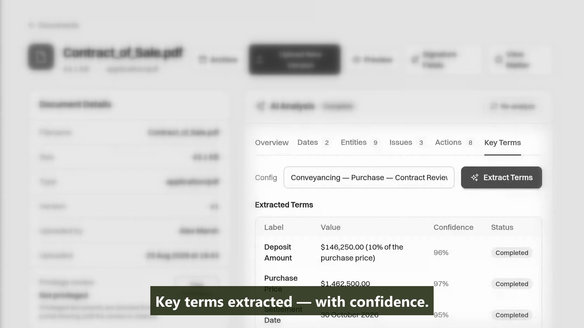 Extracted key terms from an uploaded contract, each with its value and confidence