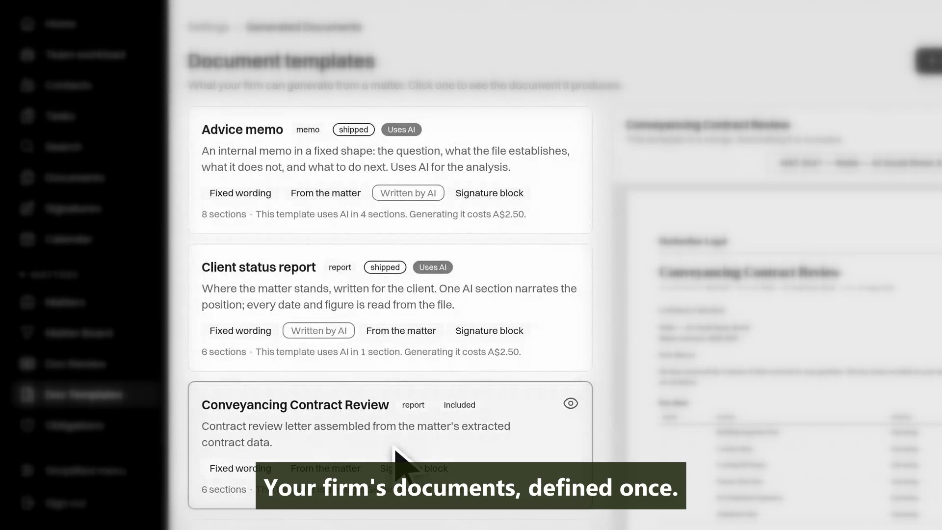 The MatterFirst document template library, with the Conveyancing Contract Review template selected and its merged preview alongside