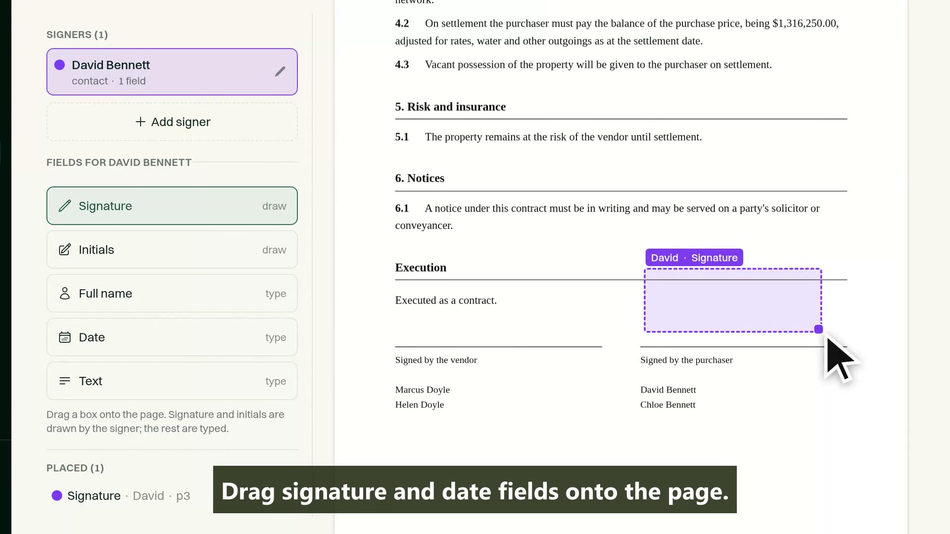 The Send for signature editor with a signature box placed on a contract of sale for the signer David Bennett