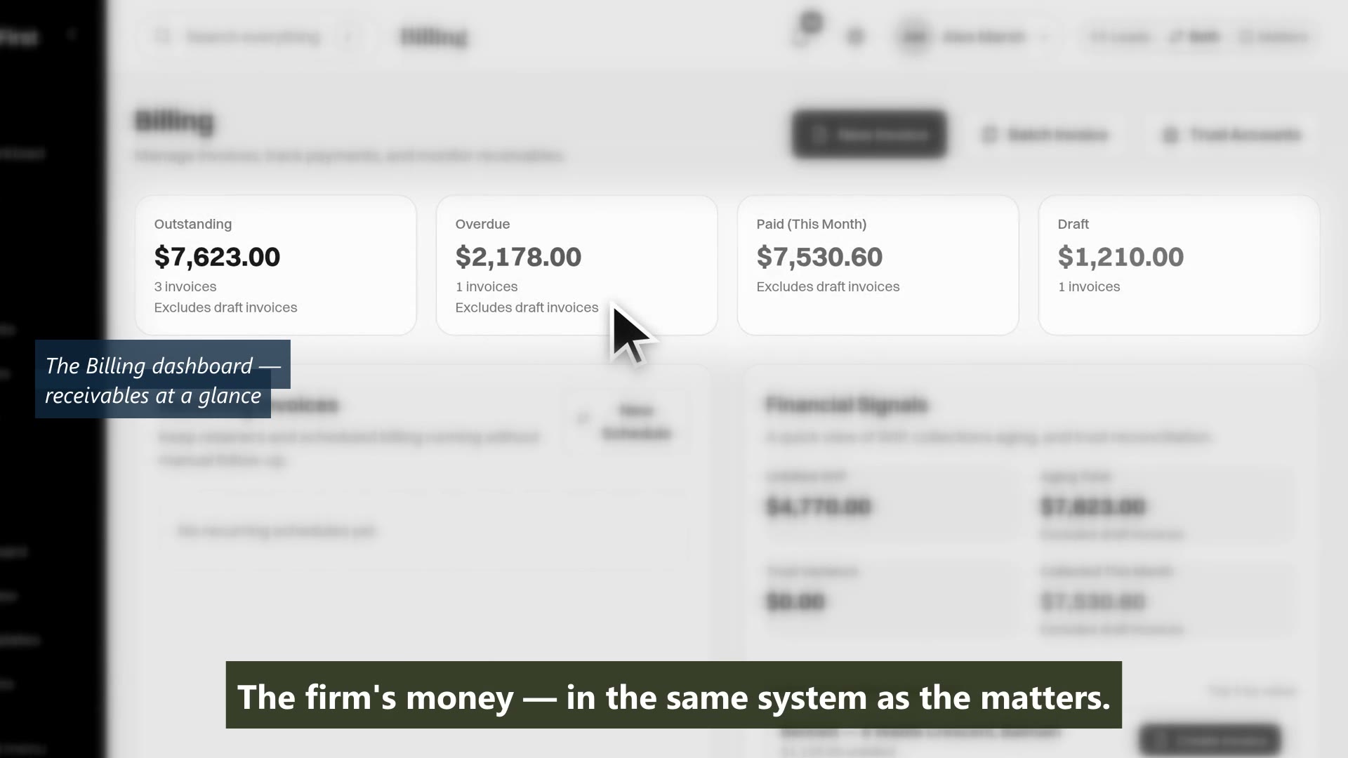 The MatterFirst billing dashboard with outstanding, overdue, paid and draft totals across the firm's invoices