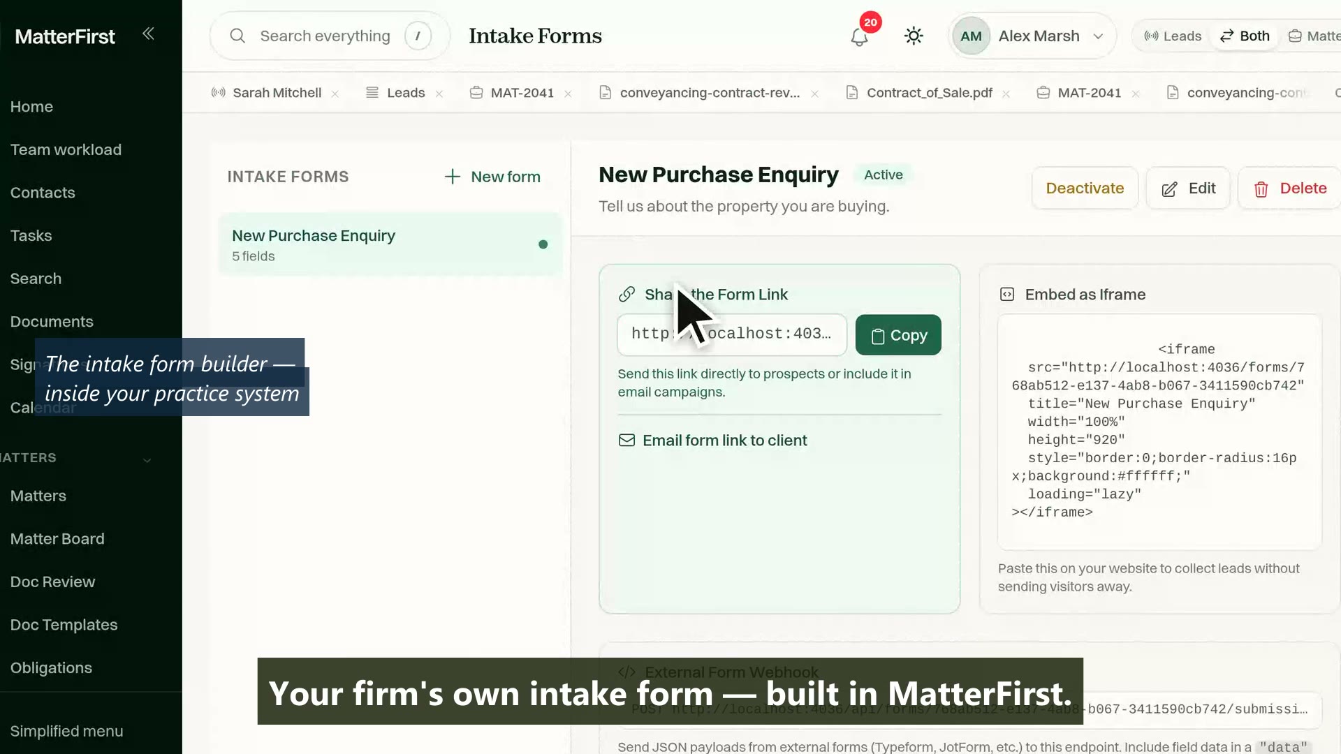 The MatterFirst intake form builder showing the New Purchase Enquiry form with its shareable link and website embed code
