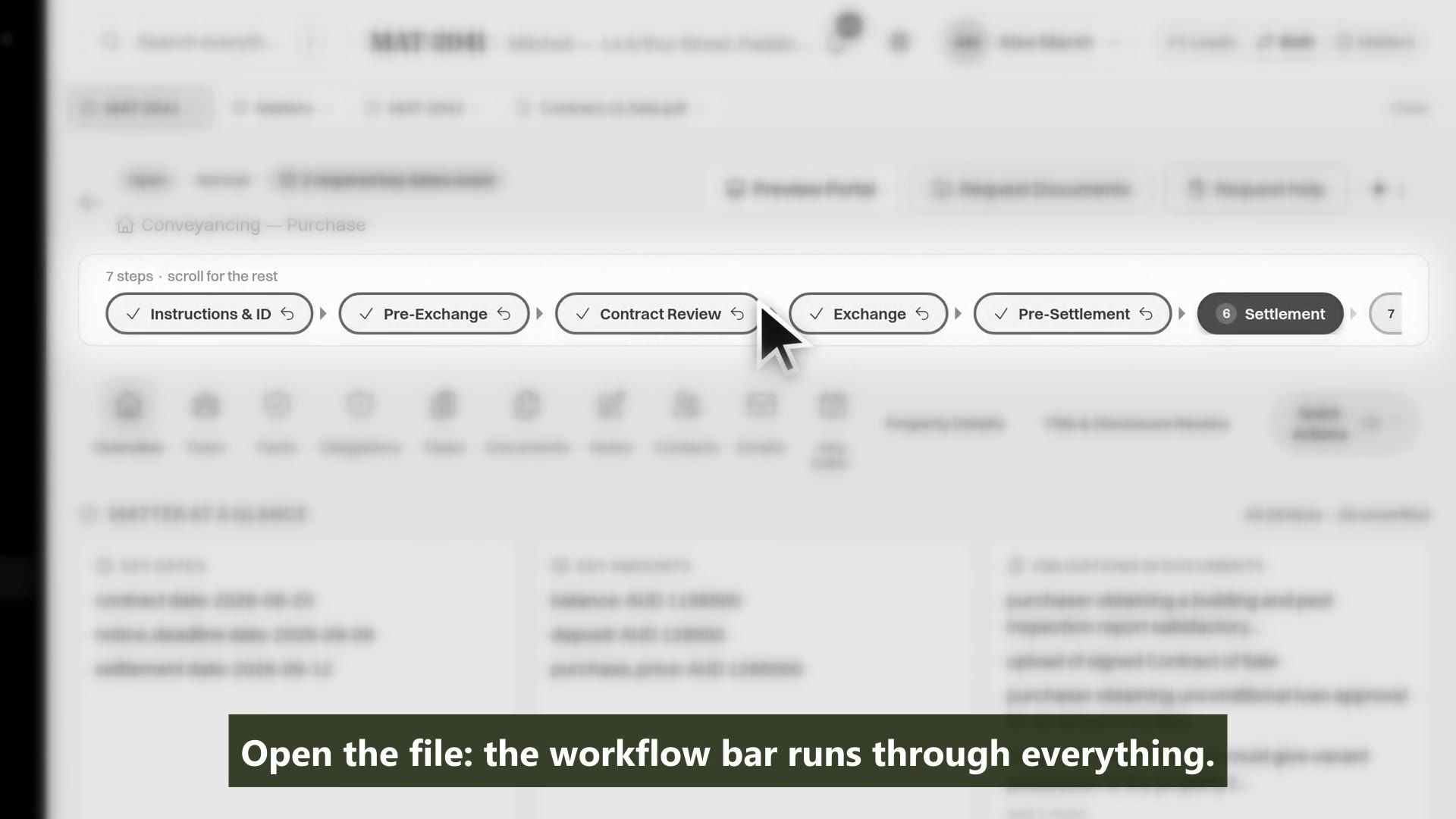 A conveyancing matter open in MatterFirst with its workflow bar highlighted across the top