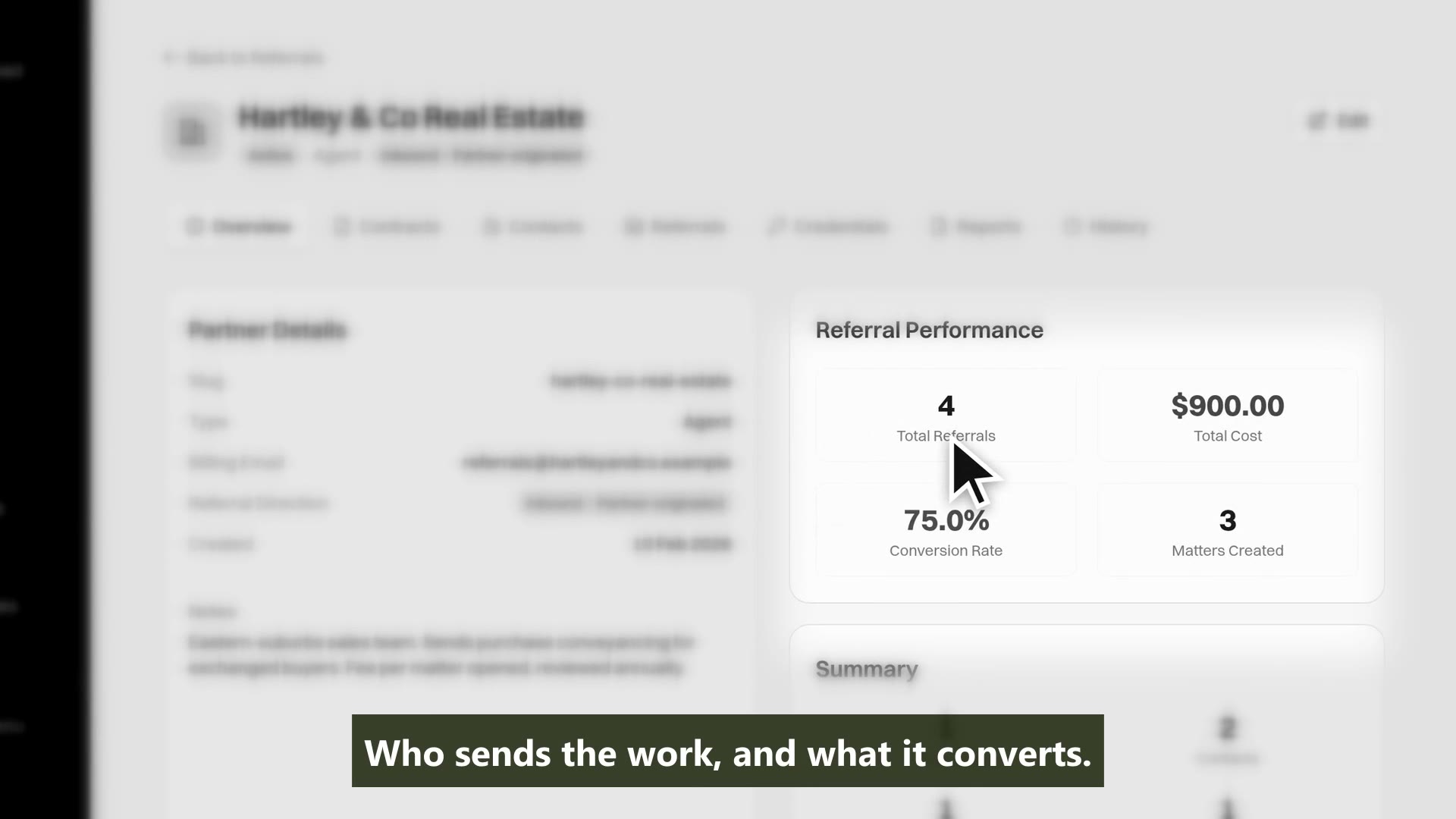 A referral partner's page in MatterFirst showing referral performance: 4 referrals, 3 matters created, 75% conversion and $900 accrued
