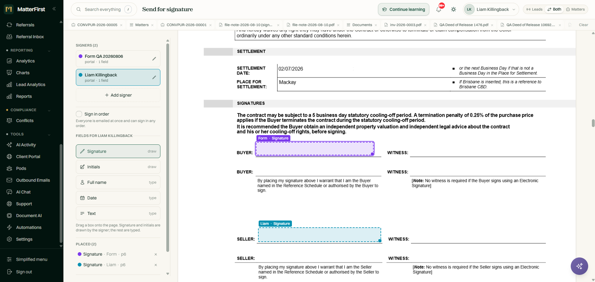 The Send for signature editor: two signers listed, a field palette, and signature boxes placed on a contract of sale