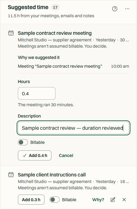 MatterFirst time suggestion: calendar source, reviewed hours, editable description and non-billable control