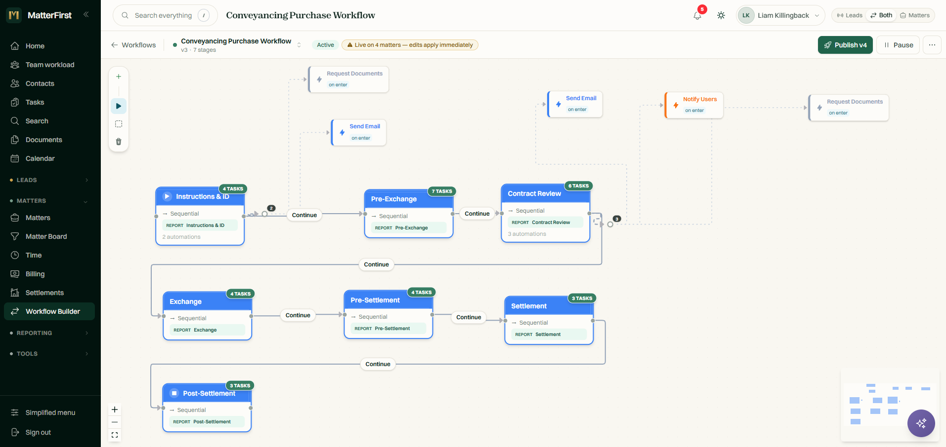 The MatterFirst workflow builder, showing stages, steps and their conditions on a canvas
